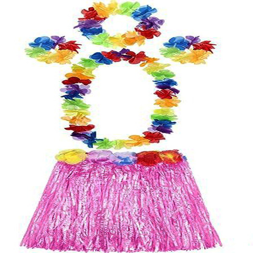 Yetişkin ve Çuk Uyumlu Luau ha Hawaii Pembe Etek ve Renkli Kolye Taç 2 Adet Bileklik Seti